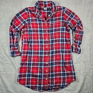 Lands End Womens Red Plaid Cotton Flannel Button Front Nightshirt Size L 14-16